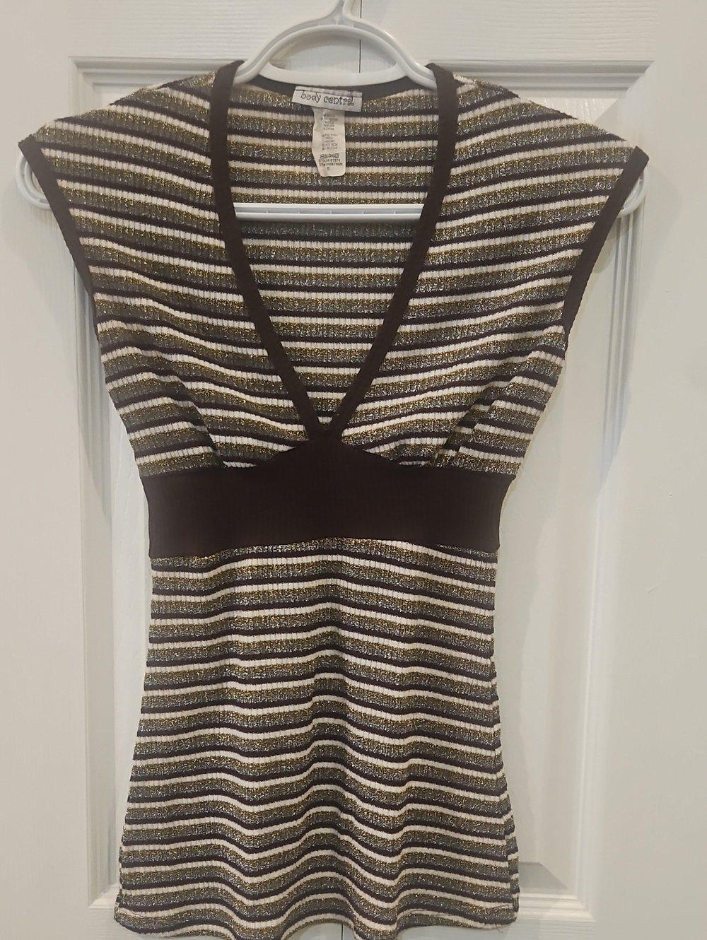 Body Central Brown, White and Gold Sparkly Striped V-Neck Top